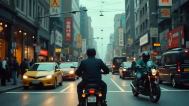 Riding a motorcycle on a crowded road