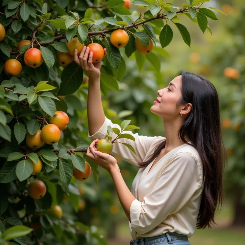 Người phụ nữ hái quả từ cây